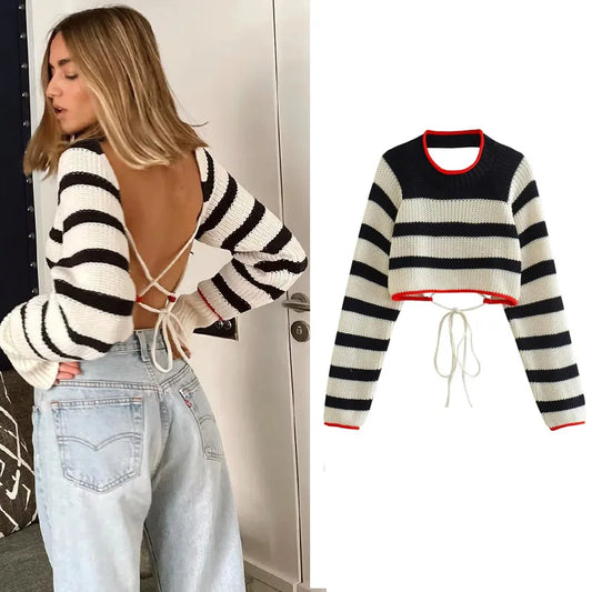 Knit Striped Backless Long Sleeve Women's Cropped Sweaters