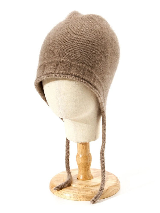 Earmuff Drawstring Thin Cashmere Knit Bomber Hat