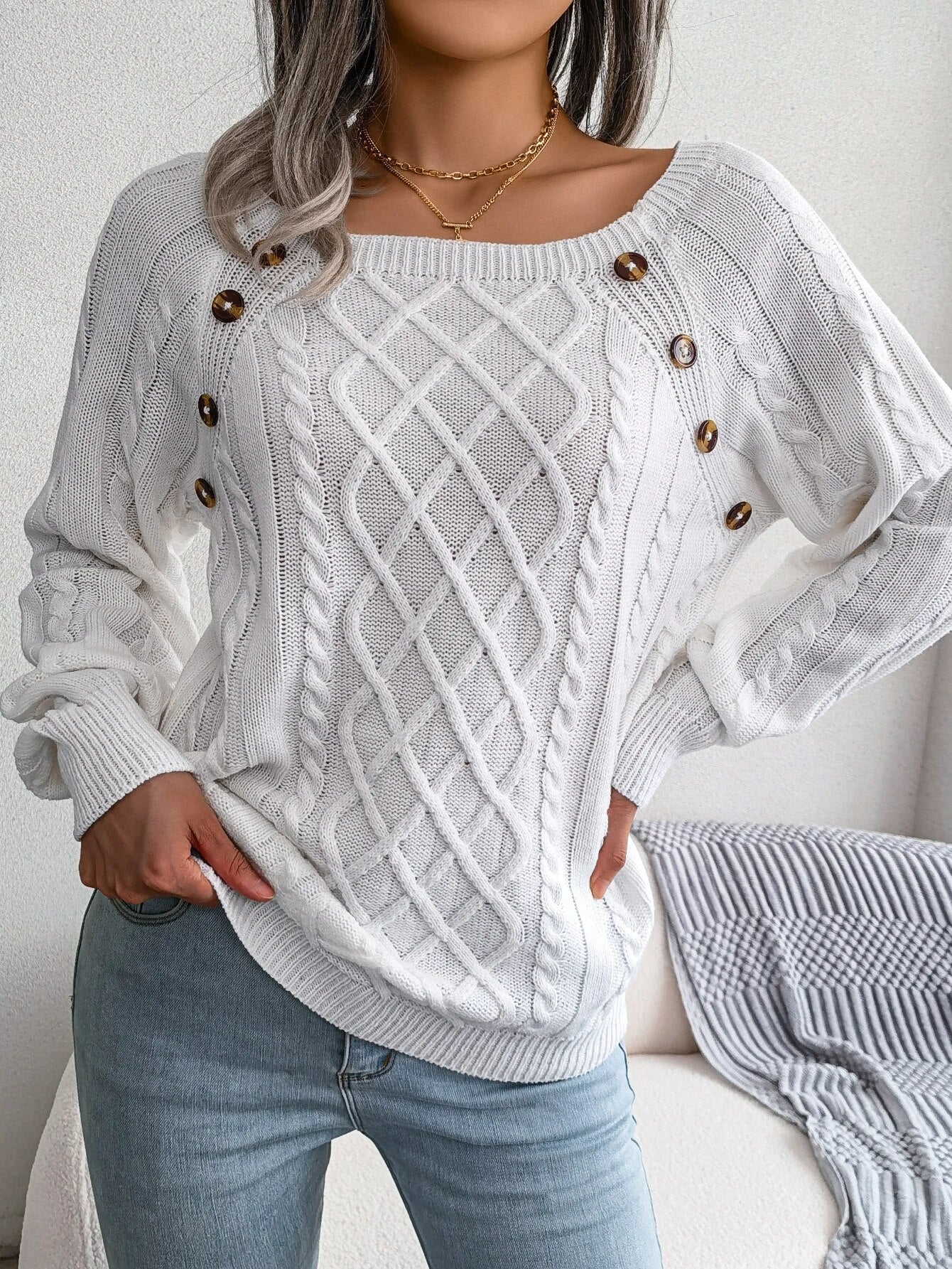 Women Casual Square Collar Buttons Design Sweaters