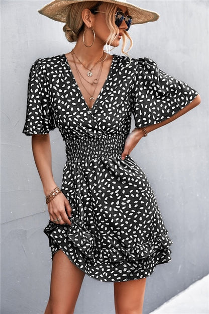 Women Dot Pattern V-neck Ruffle Sleeve Midi  Dress