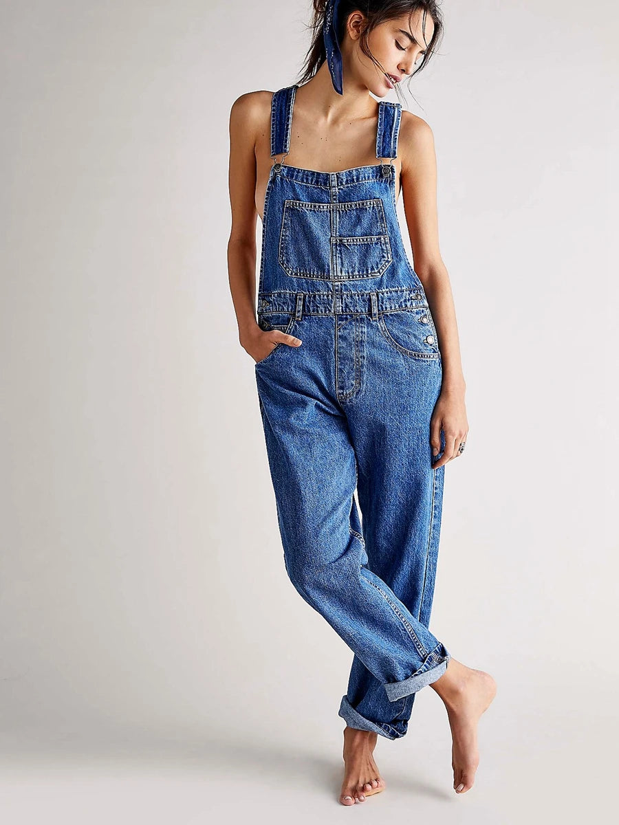 Retro Style Spaghetti Strap Straight Denim Jumpsuits