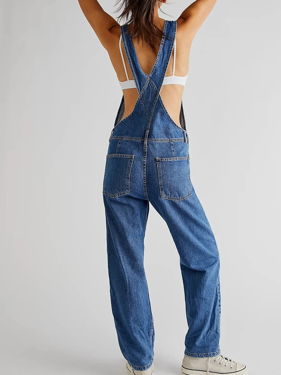 Retro Style Spaghetti Strap Straight Denim Jumpsuits