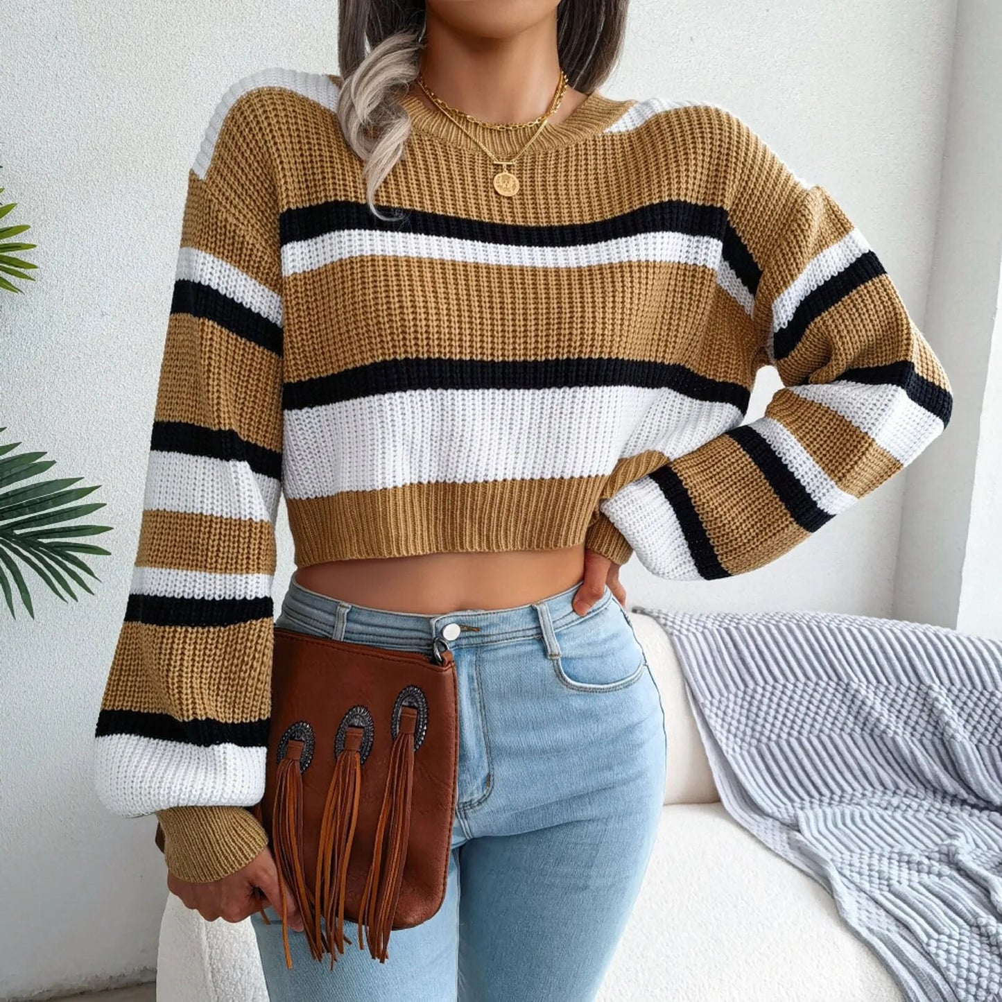 Striped Long Sleeve Crop Knit Sweater For Women