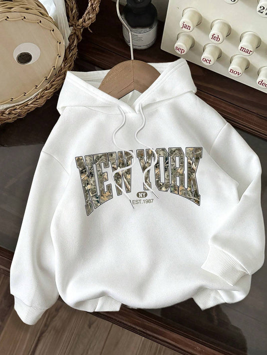 Trendy New York Letter Print Hoodie – Casual Long Sleeve Sweatshirt for Women, Cozy & Stylish Streetwear