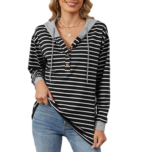 2025 Oversized Striped Hoodie for Women Contrast Stitching Loose-Fit Pullover Sweatshirt