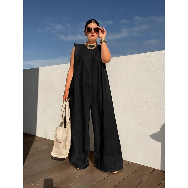 Women's Wide Leg Jumpsuit Stylish Solid Color Sleeveless Loose Fit Summer One-Piece Outfit