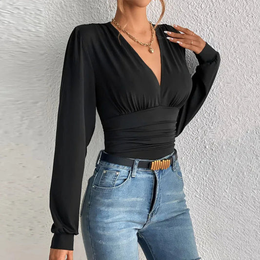 2025 Autumn Women's Sexy Deep V-Neck Long Sleeve Blouse | Slim Fit Elegant Streetwear Top for Femme Style