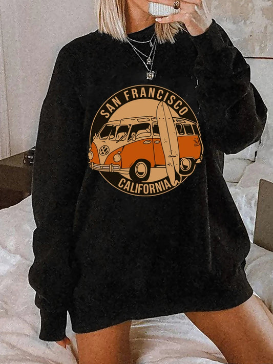 2025 San Francisco Vintage Sweatshirt for Women California Print Drop Shoulder Crewneck Pullover