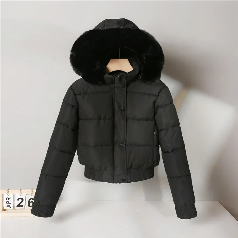 Quilted Hooded Down Jacket Women's Winter – Thick Cotton Coat, Big Fur Collar, Loose Fit