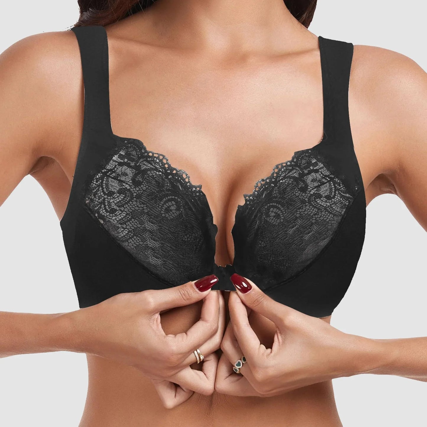 Women's Ultra Thin Lace Bra Plus Size Front Button Lace And Sexy Gathering Steel Ring Adjustable Shoulder Strap Alluring Bras