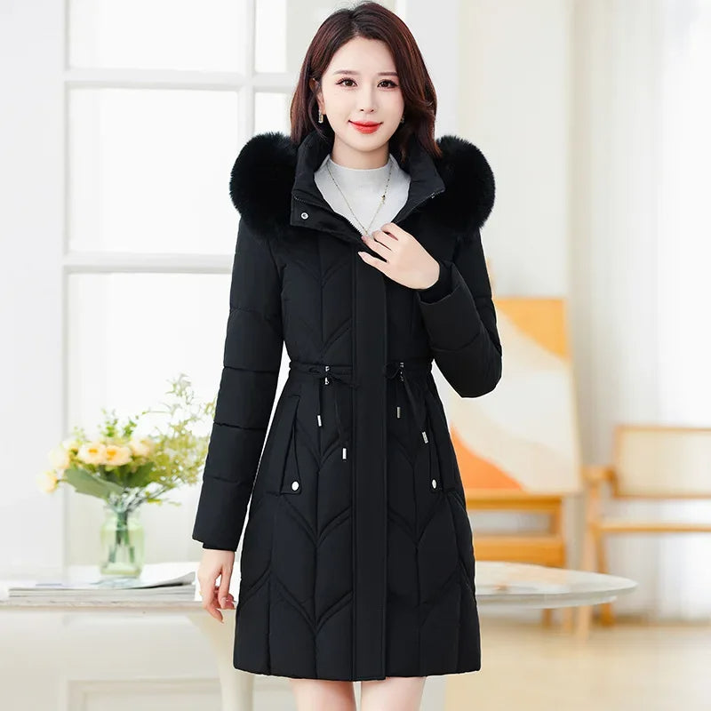 2025 Women's Down Cotton Jacket Mid-Length Slim Fit High-End Loose Winter Parka Coat