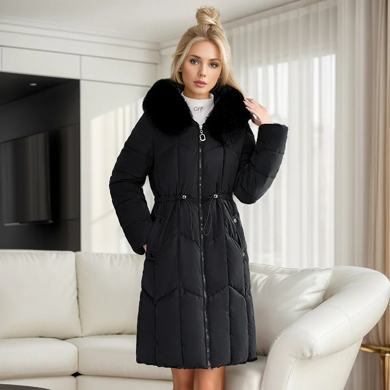 Winter Women's Padded Jacket – Mid-Length, Fashionable Hooded, Large Fur Collar, Waist-Cinching Down Coat