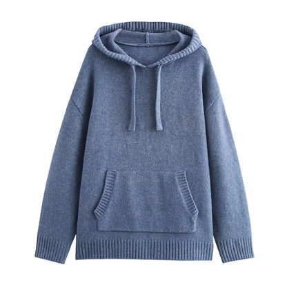 Korean Style Women's Hoodie – Loose Lace-Up Hooded Long Sleeve with Kangaroo Pocket, Ribbed Knitwear Sweatshirt