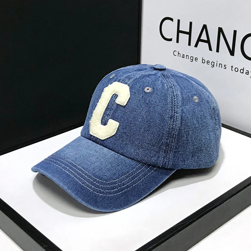 Denim Letter C Baseball Cap – Casual 100% Cotton Unisex Hat for Spring & Summer