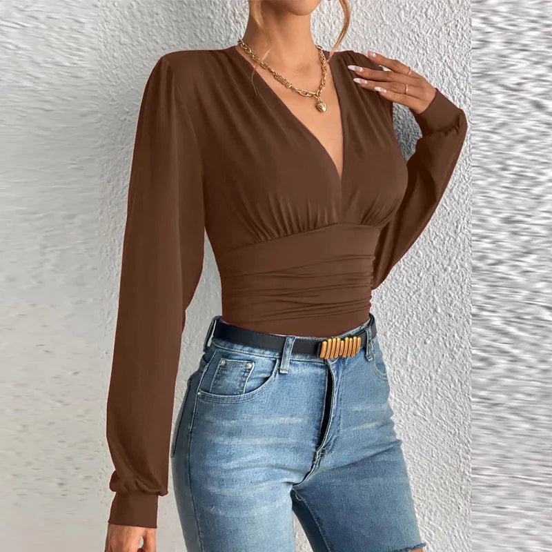 2025 Autumn Women's Sexy Deep V-Neck Long Sleeve Blouse | Slim Fit Elegant Streetwear Top for Femme Style