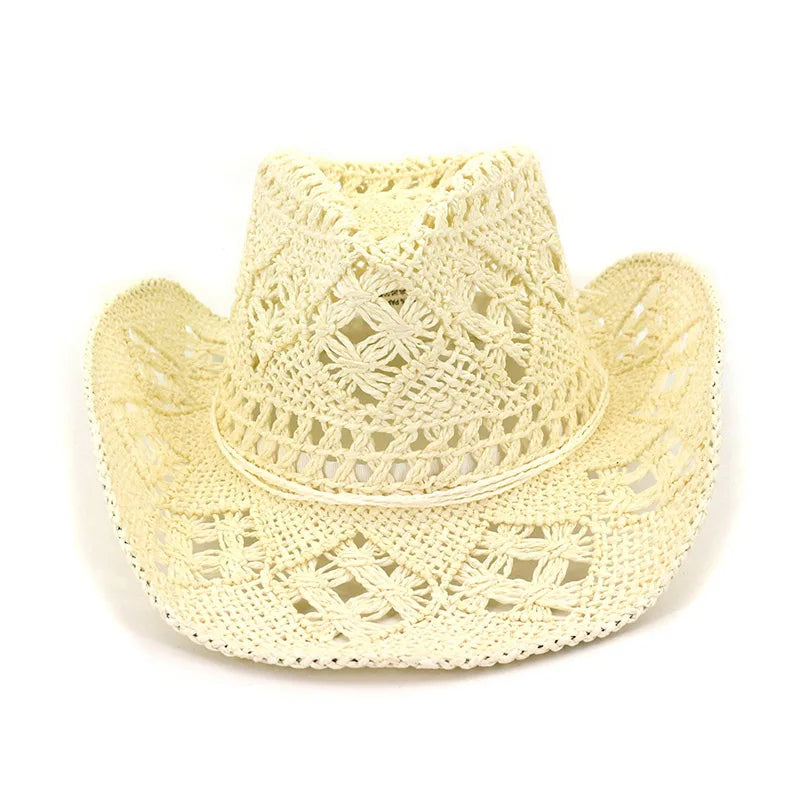 Fashion Handmade Hollowed Cowboy Straw Hat – Unisex Summer Beach & Outdoor Western Sun Hat