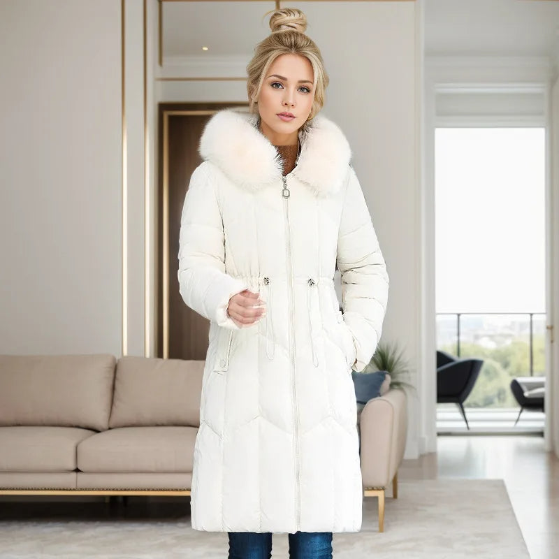 Winter Women's Padded Jacket – Mid-Length, Fashionable Hooded, Large Fur Collar, Waist-Cinching Down Coat