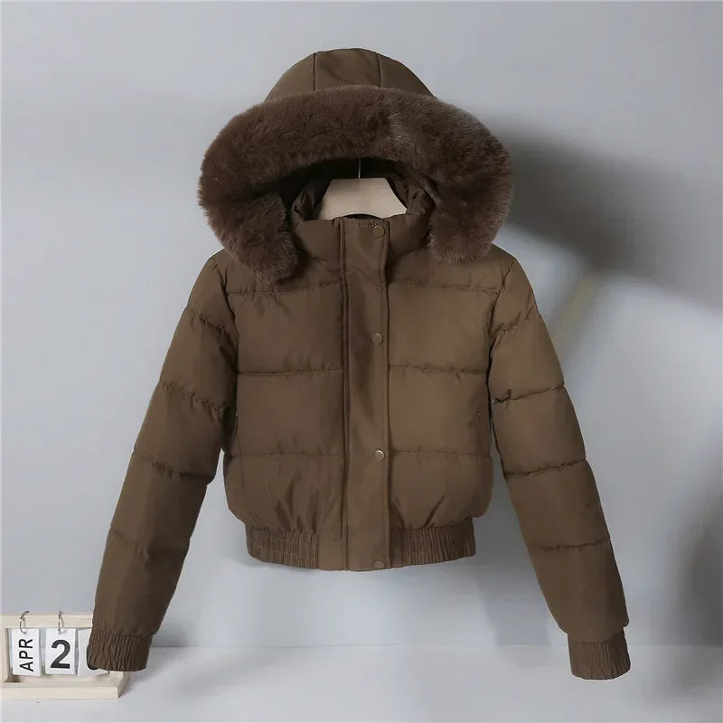 Quilted Hooded Down Jacket Women's Winter – Thick Cotton Coat, Big Fur Collar, Loose Fit