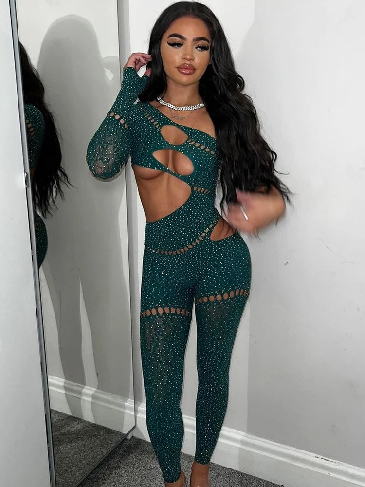 Sexy High Elastic Jumpsuit with Rotator Cuff – Hollow Out, Luminous Rhinestones & Solid Color Trousers, Spicy Girl Streetwear