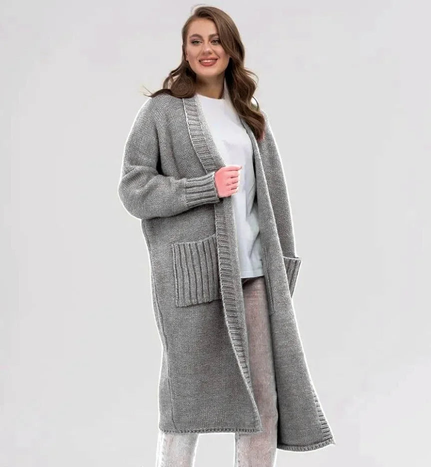 2025 Oversized Solid Color Knit Cardigan for Women Casual Long Sweater Coat with Pockets, Autumn & Winter Fashion