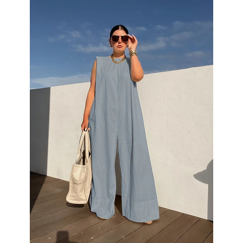 Women's Wide Leg Jumpsuit Stylish Solid Color Sleeveless Loose Fit Summer One-Piece Outfit