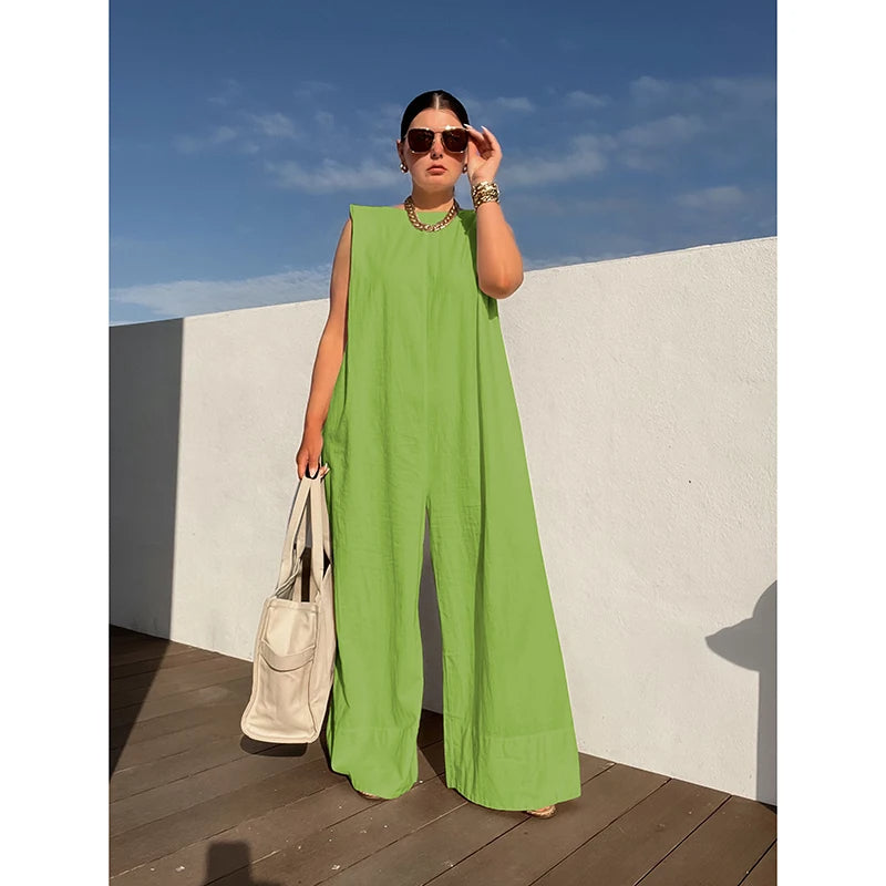 Women's Wide Leg Jumpsuit Stylish Solid Color Sleeveless Loose Fit Summer One-Piece Outfit