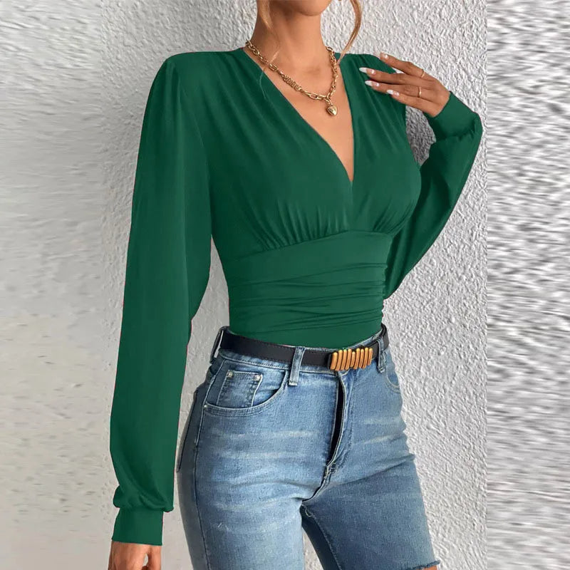 2025 Autumn Women's Sexy Deep V-Neck Long Sleeve Blouse | Slim Fit Elegant Streetwear Top for Femme Style