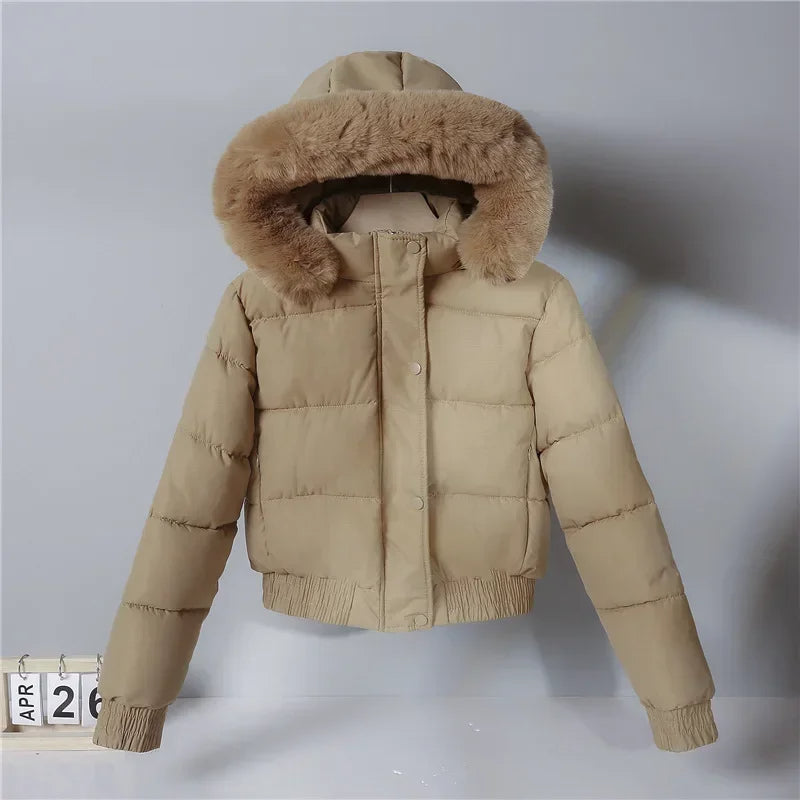 Quilted Hooded Down Jacket Women's Winter – Thick Cotton Coat, Big Fur Collar, Loose Fit