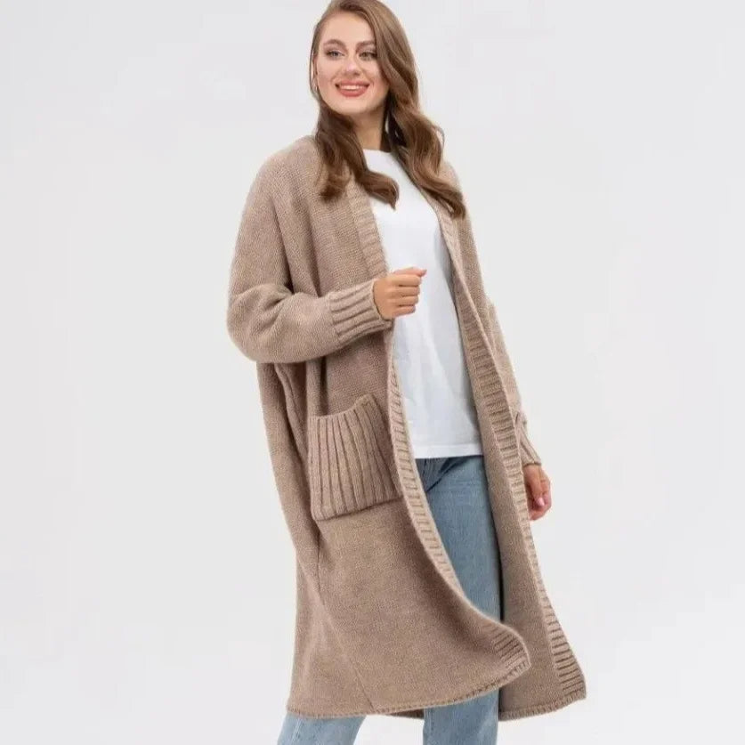 2025 Oversized Solid Color Knit Cardigan for Women Casual Long Sweater Coat with Pockets, Autumn & Winter Fashion