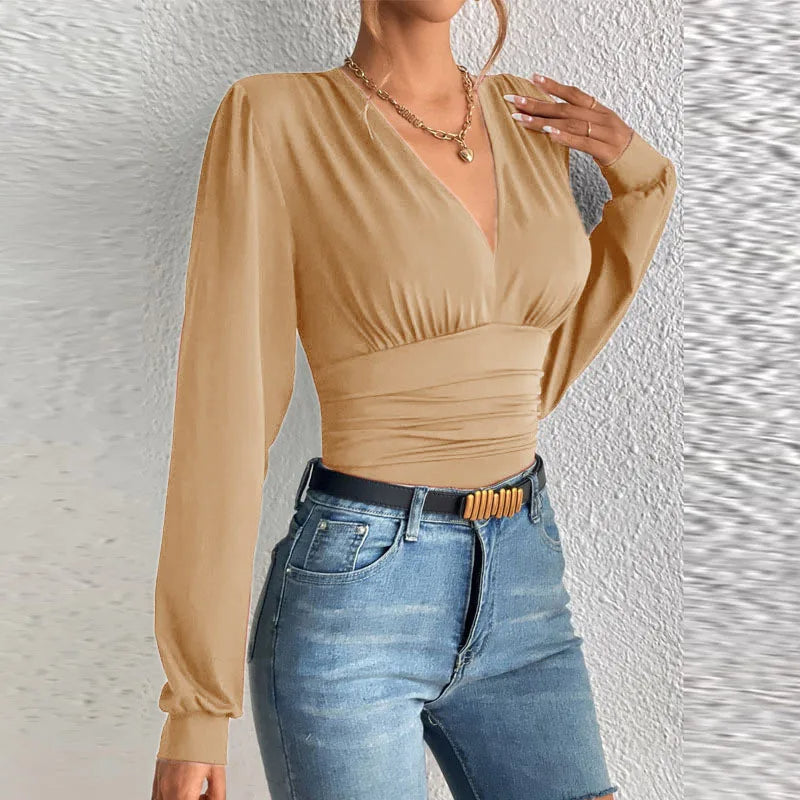 2025 Autumn Women's Sexy Deep V-Neck Long Sleeve Blouse | Slim Fit Elegant Streetwear Top for Femme Style