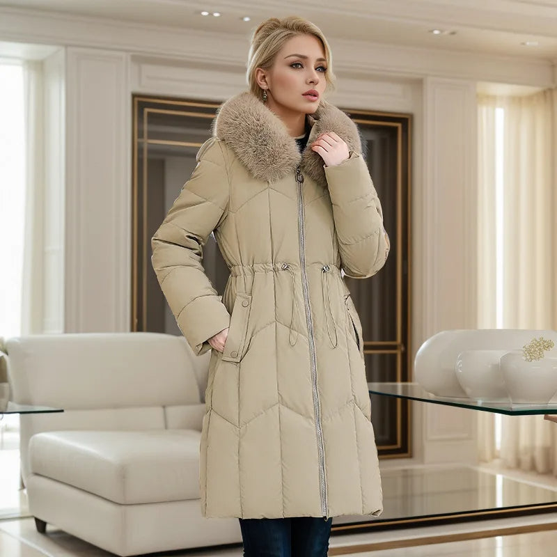 Winter Women's Padded Jacket – Mid-Length, Fashionable Hooded, Large Fur Collar, Waist-Cinching Down Coat