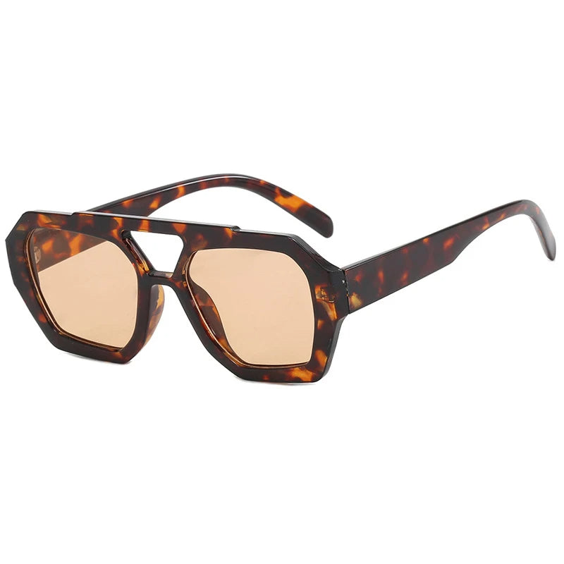 Vintage Square Sunglasses for Women & Men - Thick Frame Double Bridges, Chic Polygon Leopard Blue Eyewear