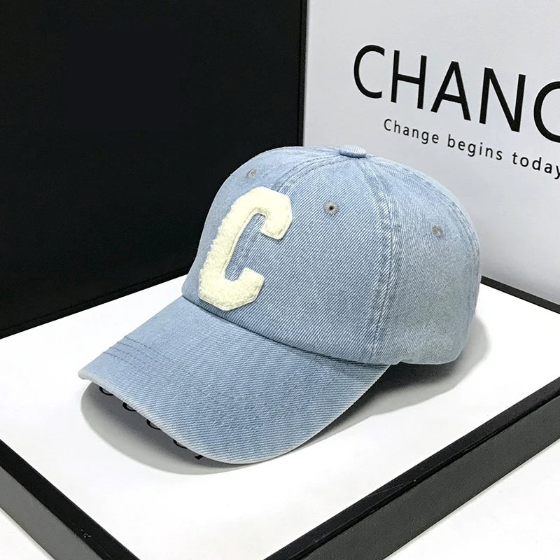 Denim Letter C Baseball Cap – Casual 100% Cotton Unisex Hat for Spring & Summer