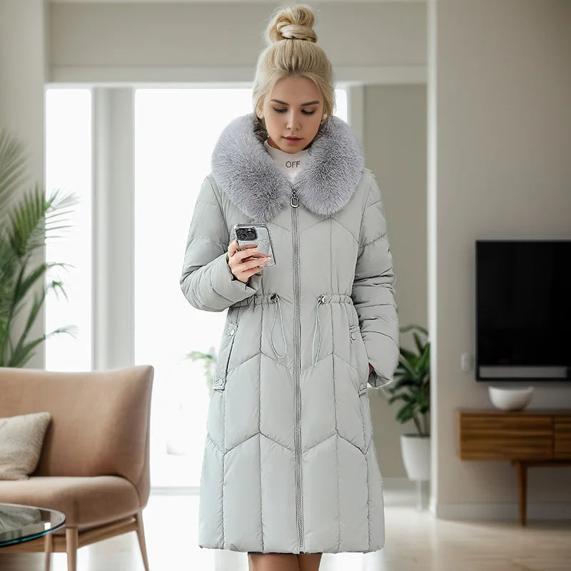 Winter Women's Padded Jacket – Mid-Length, Fashionable Hooded, Large Fur Collar, Waist-Cinching Down Coat