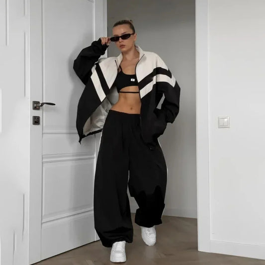 2025 Striped Patchwork Two-Piece Set for Women Wide Leg Pants & Zip Jacket Streetwear Tracksuit