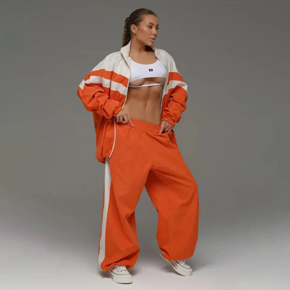 2025 Striped Patchwork Two-Piece Set for Women Wide Leg Pants & Zip Jacket Streetwear Tracksuit