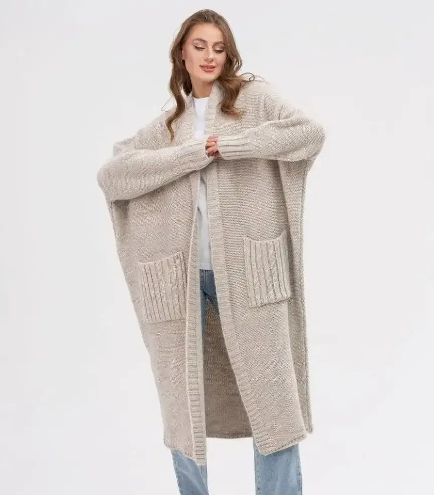 2025 Oversized Solid Color Knit Cardigan for Women Casual Long Sweater Coat with Pockets, Autumn & Winter Fashion