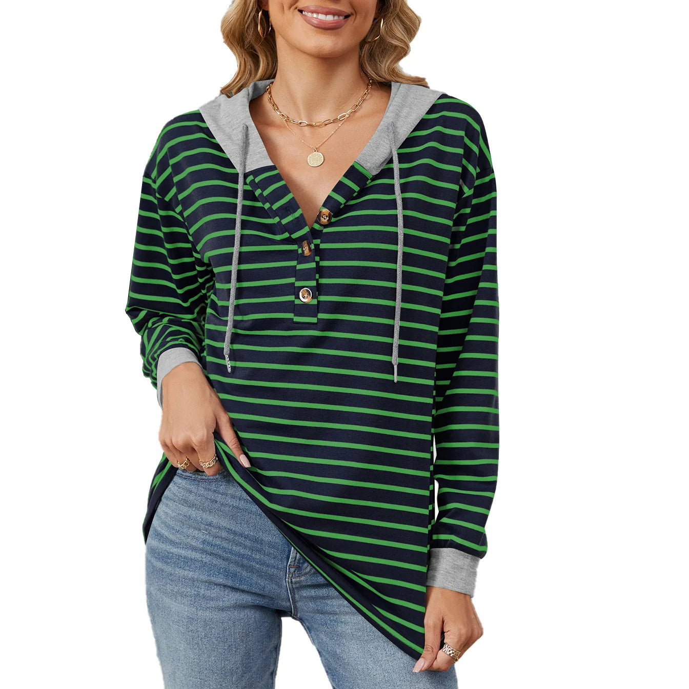 2025 Oversized Striped Hoodie for Women Contrast Stitching Loose-Fit Pullover Sweatshirt