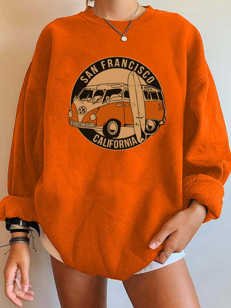 2025 San Francisco Vintage Sweatshirt for Women California Print Drop Shoulder Crewneck Pullover