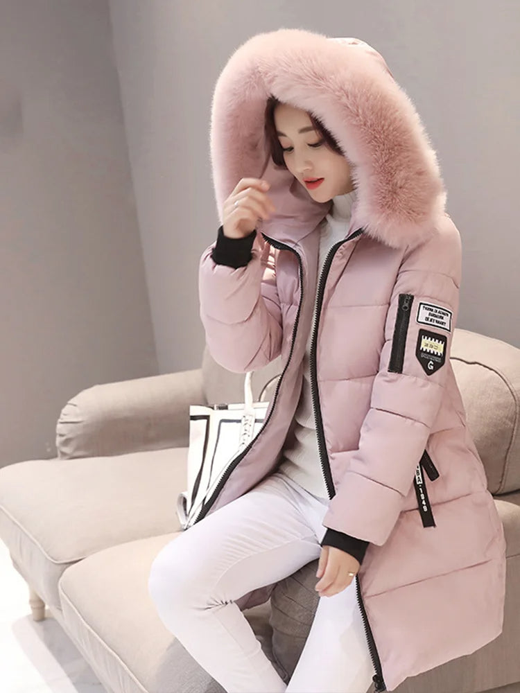 Women's Winter Hooded Fur Collar Parka Elegant Slim Fit Zipper Pockets Warm & Thick Jacket