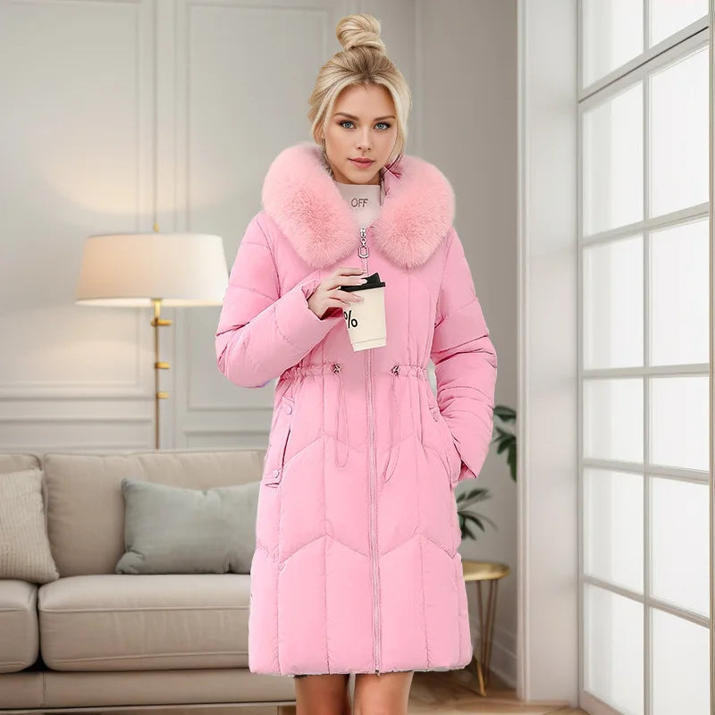 Winter Women's Padded Jacket – Mid-Length, Fashionable Hooded, Large Fur Collar, Waist-Cinching Down Coat