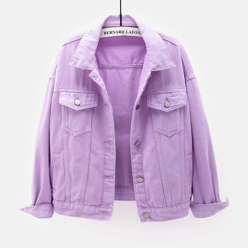 Classic Denim Jacket for Women – 2025 Oversized Boyfriend Jeans Coat, Purple, White, Yellow