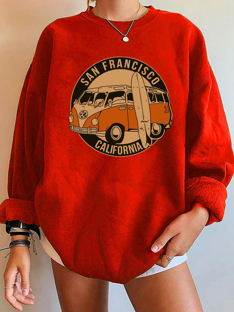 2025 San Francisco Vintage Sweatshirt for Women California Print Drop Shoulder Crewneck Pullover