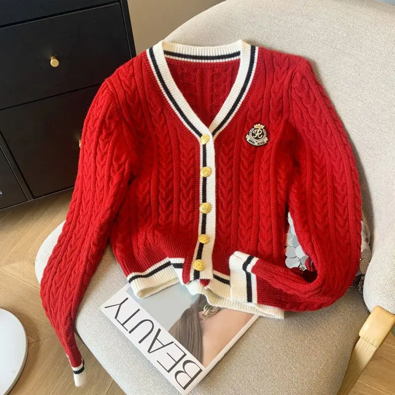 Retro College Style V-Neck Cardigan Sweater for Women Soft Knit, Loose-Fit Short Length, Spring & Autumn Lazy Chic Top