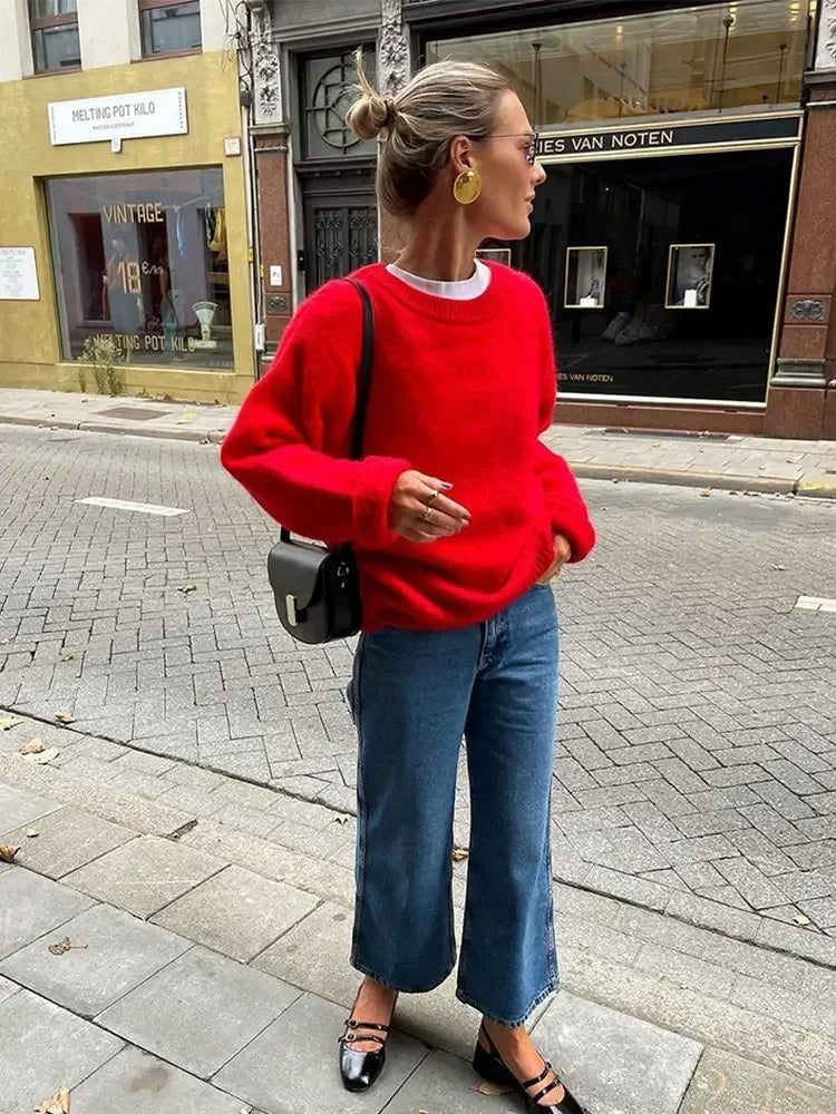 Chic Knitted Red O-Neck Women Casual Sweaters