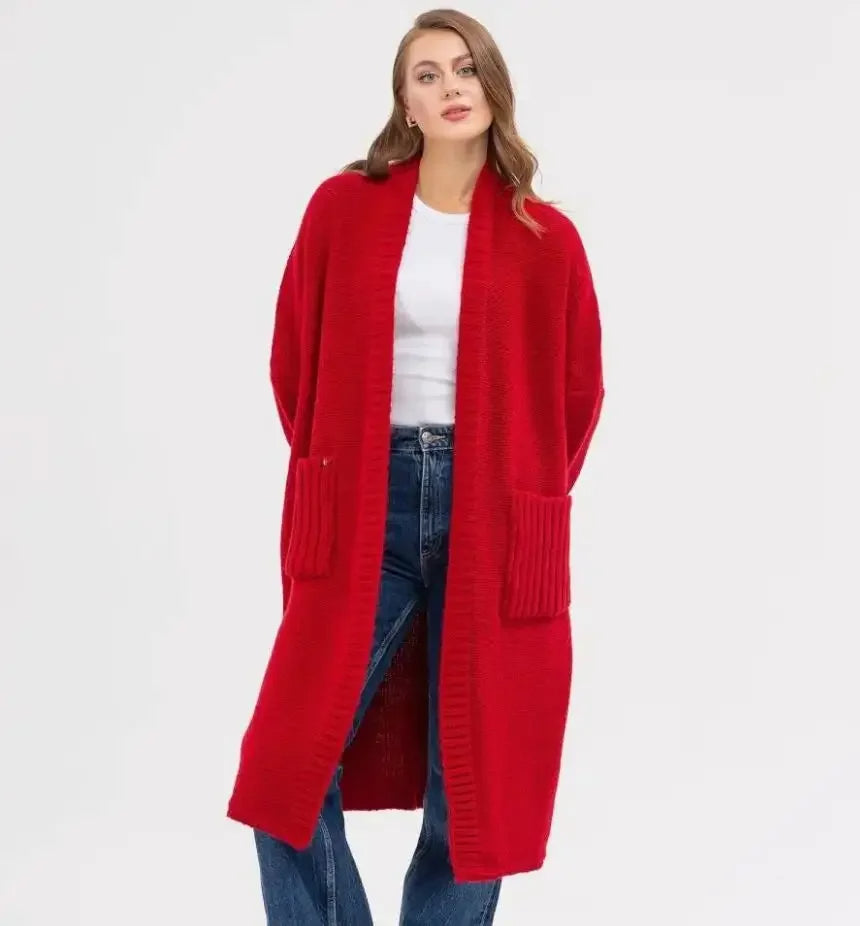 2025 Oversized Solid Color Knit Cardigan for Women Casual Long Sweater Coat with Pockets, Autumn & Winter Fashion