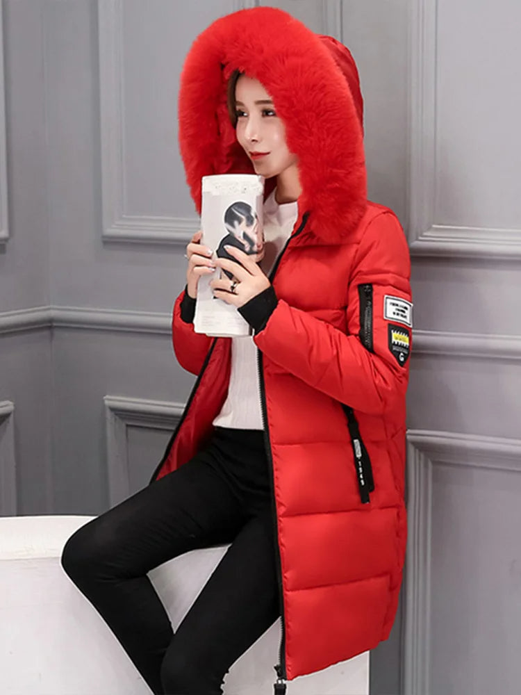 Women's Winter Hooded Fur Collar Parka Elegant Slim Fit Zipper Pockets Warm & Thick Jacket