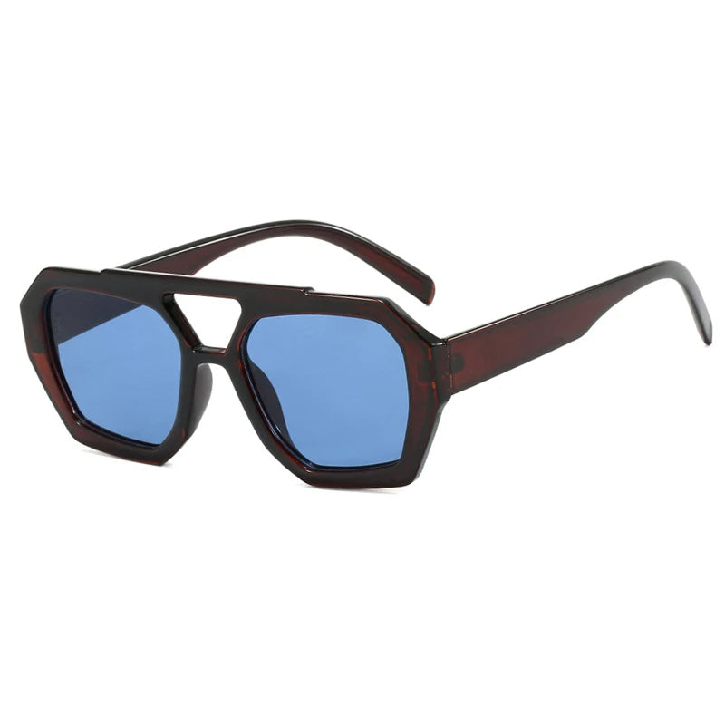 Vintage Square Sunglasses for Women & Men - Thick Frame Double Bridges, Chic Polygon Leopard Blue Eyewear