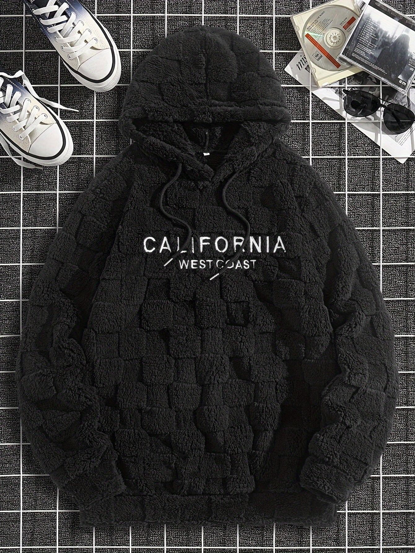 Men's Plush Fleece Hoodie – Cozy California Westcoast Sweatshirt, Thick & Warm Checkered Pullover for Fall & Winter