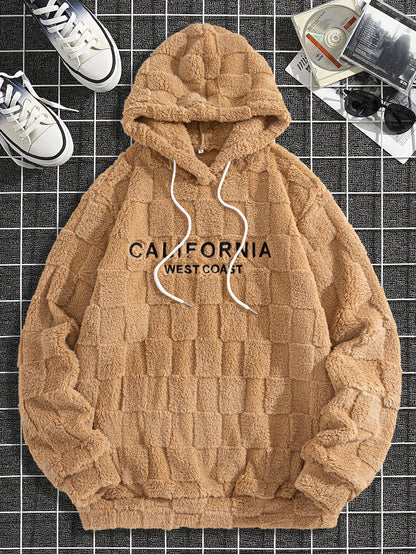 Men's Plush Fleece Hoodie – Cozy California Westcoast Sweatshirt, Thick & Warm Checkered Pullover for Fall & Winter